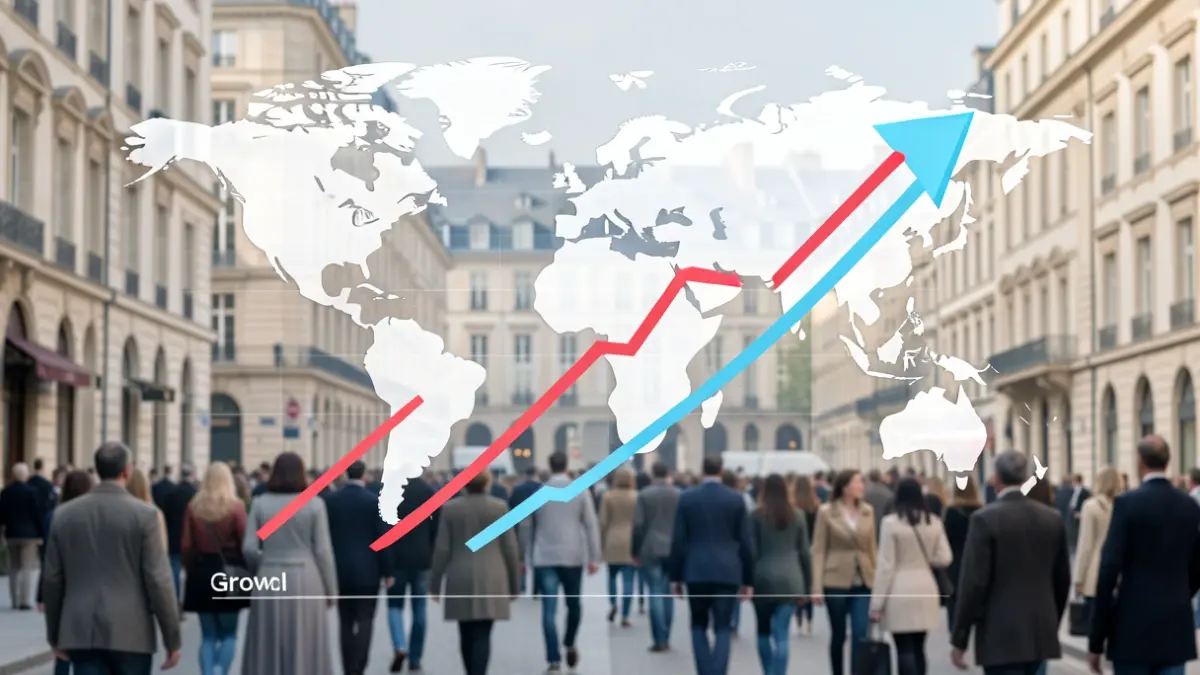 Generic image of international business growth with graphic elements and European architecture.