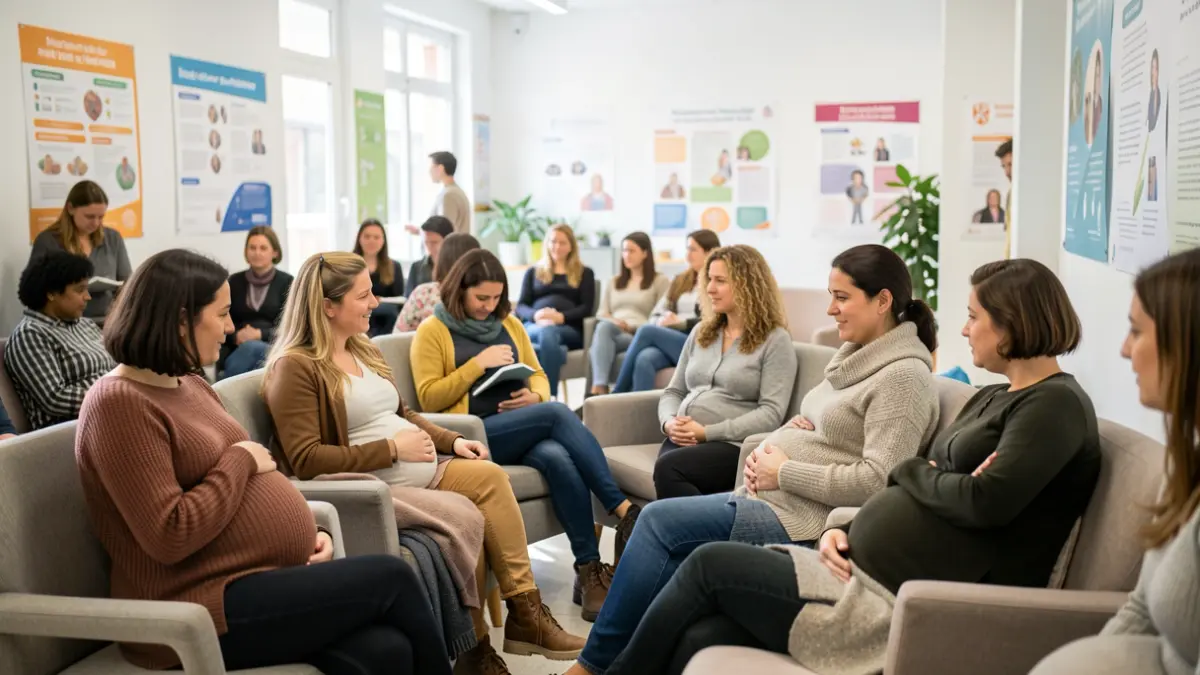 Imagen genérica de un grupo de mujeres embarazadas y madres recientes en una sesión educativa sobre lactancia materna en un centro de salud.