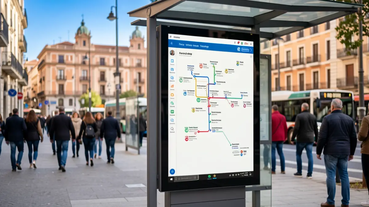 Pantalla táctil interactiva en una marquesina de autobús en Madrid, mostrando un mapa de rutas.