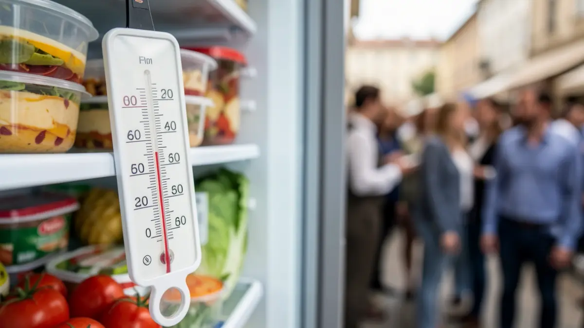 Close-up of a thermometer showing high temperature next to food items in a refrigerator, symbolizing food safety in summer.