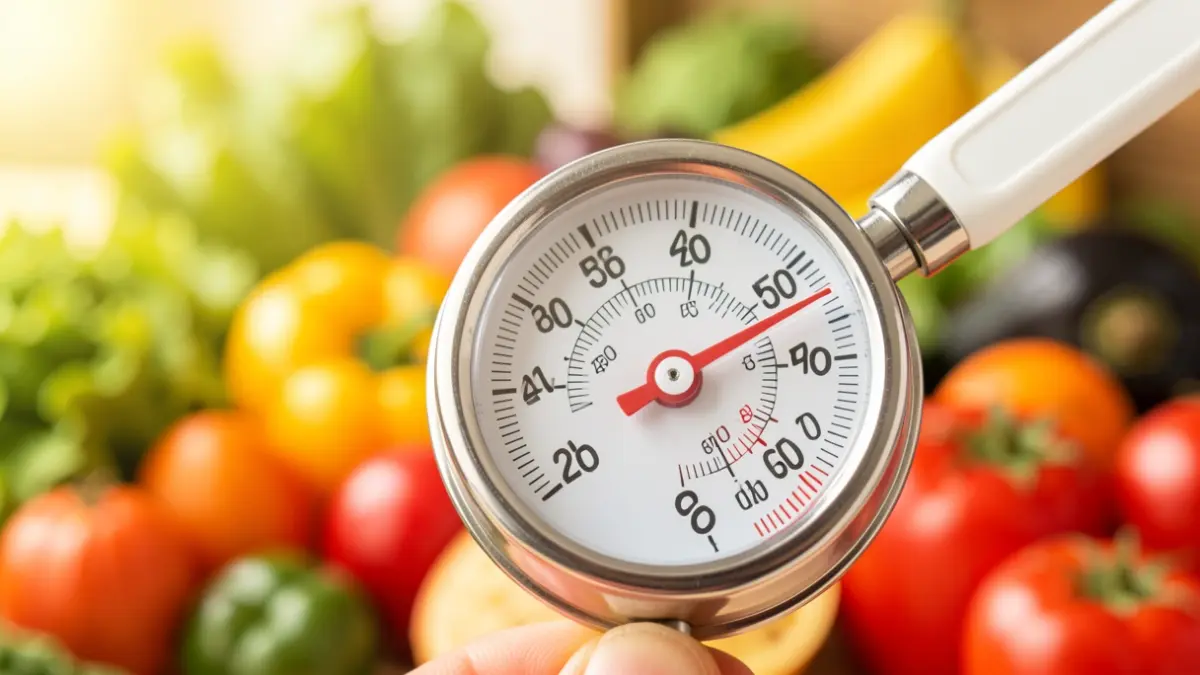 Generic image of a thermometer showing high temperature next to fresh food, indicating the importance of food safety in summer.