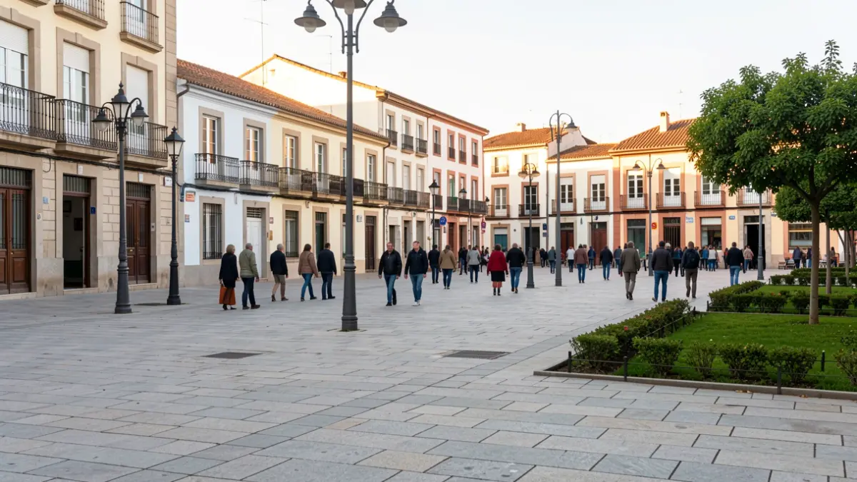 Plaza principal de un pueblo de la Comunidad de Madrid renovada con nuevo mobiliario y zonas verdes.