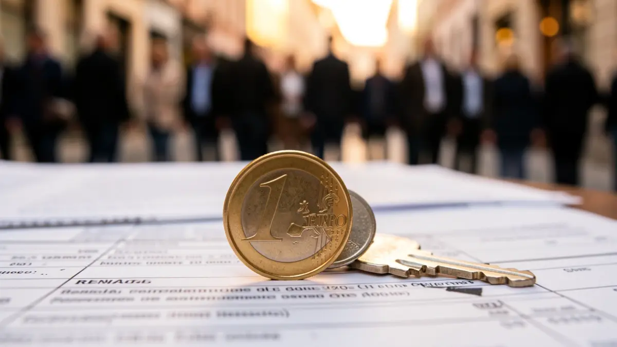 Close-up of a Spanish euro coin and a house key on a blurred background of rental contract documents.