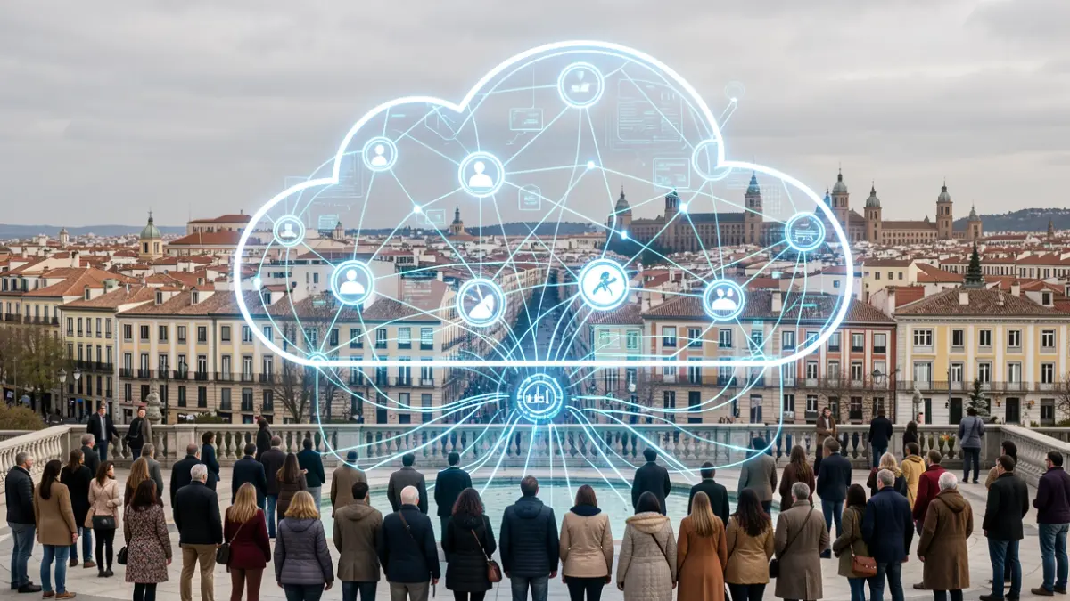 Representación abstracta de la Nube Soberana de IA de la Comunidad de Madrid con nodos digitales y flujos de datos seguros.