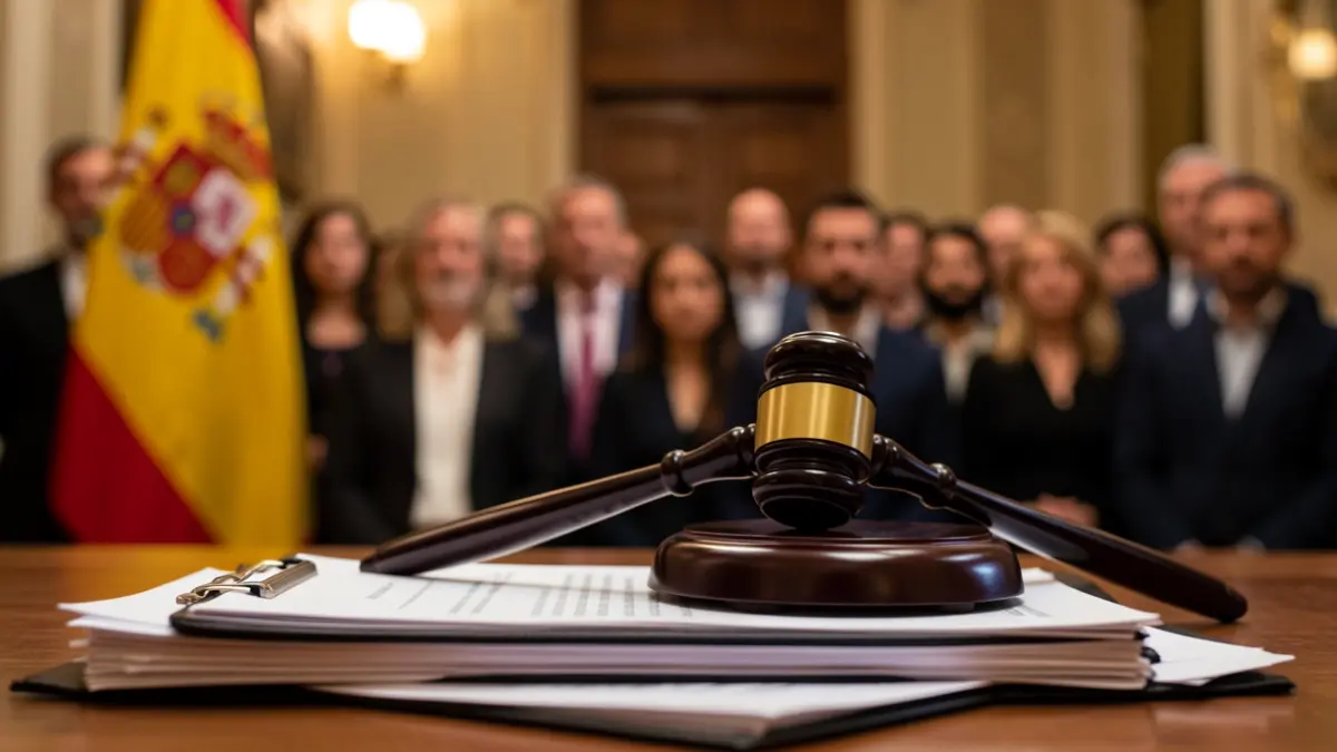 Generic image of a judge's gavel on documents with a blurred Spanish flag.