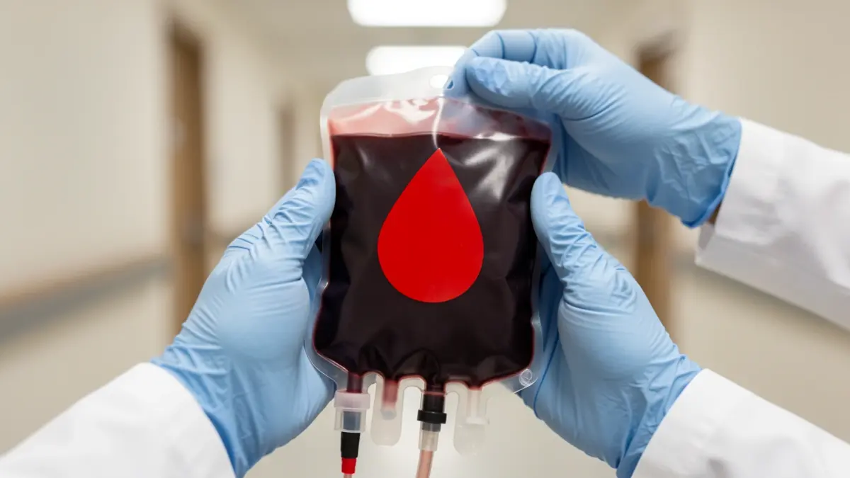 Bolsa de sangre en primer plano sostenida por manos enguantadas en un hospital.