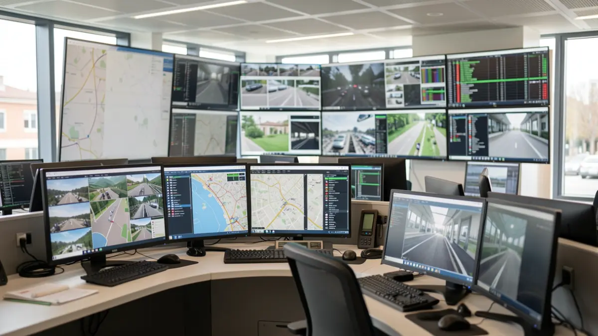 Public transport control center in Madrid with screens showing real-time data.