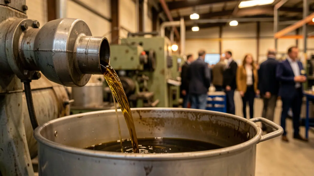 Close-up of used industrial oil being poured into a collection drum in a workshop in the Comunidad de Madrid.