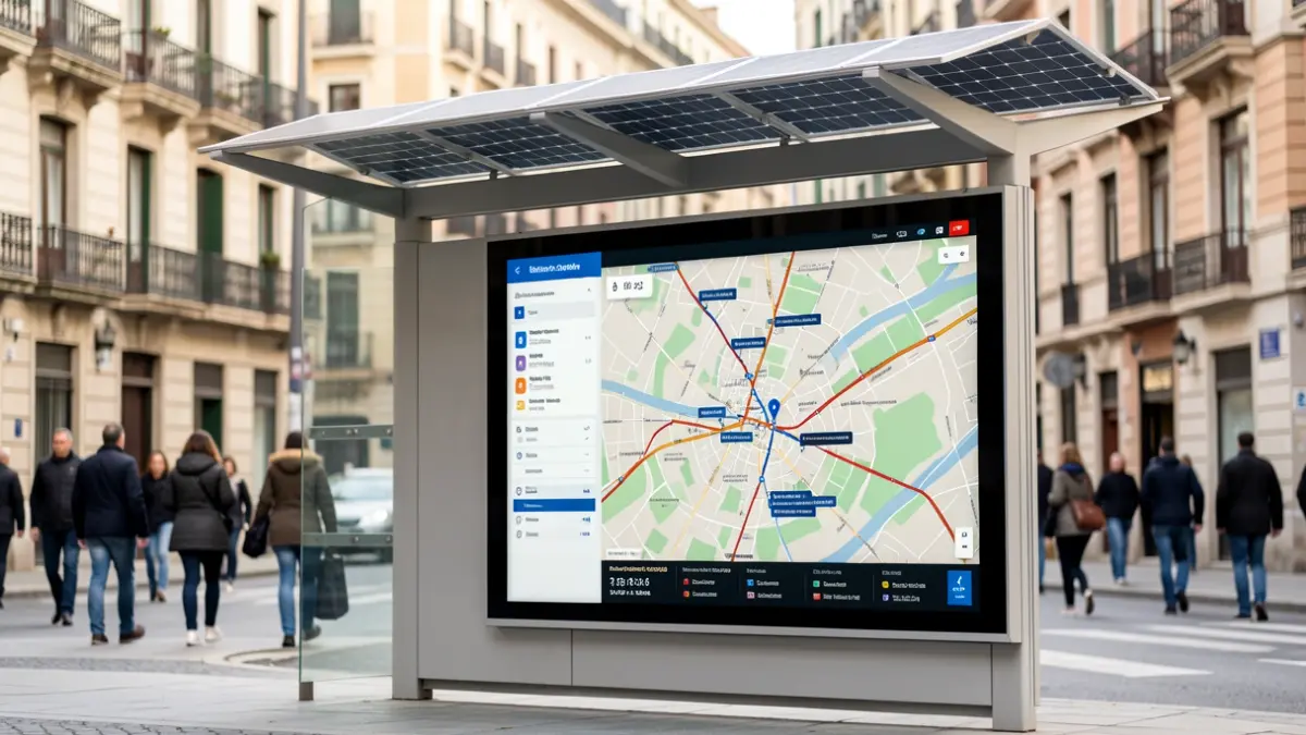Modern bus stop shelter in Madrid featuring an interactive touchscreen displaying public transport information.