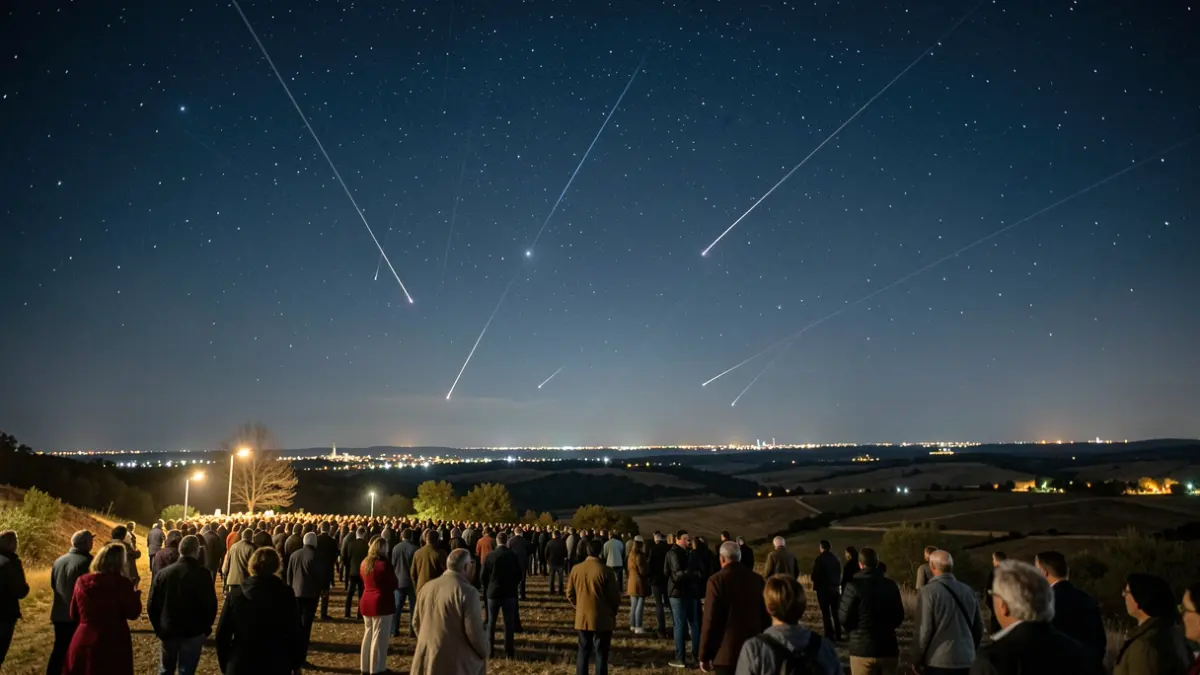 Clear night sky with stars and meteor streaks over a dark landscape in the Community of Madrid.