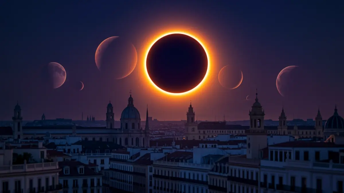 Representación estilizada de un eclipse solar sobre el horizonte de Madrid, con elementos celestes abstractos y contornos arquitectónicos.