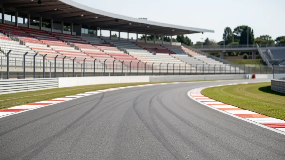 Empty Formula 3 circuit track in Madrid during the day, with grandstands in the background.