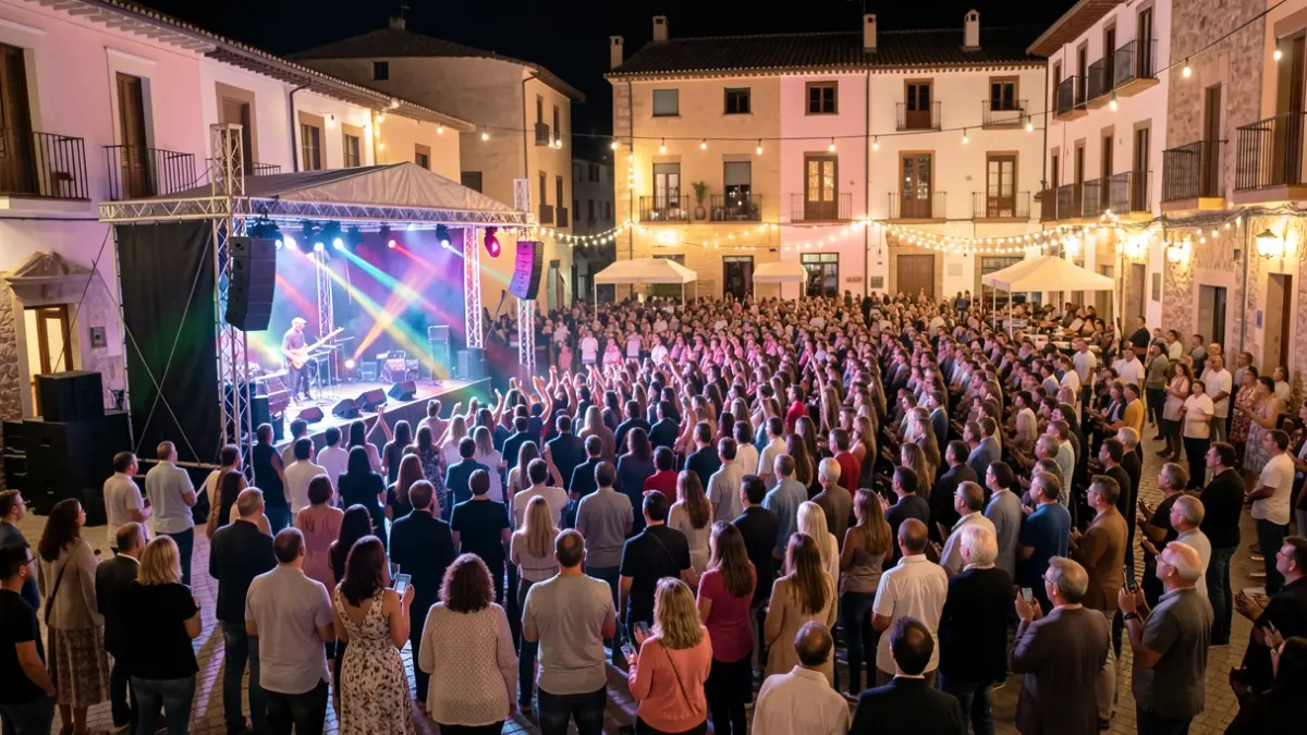 Generic image of an outdoor concert at night in a Spanish square.