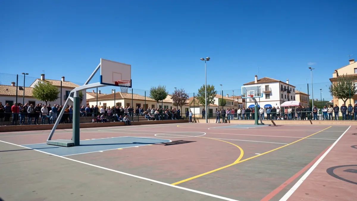 Outdoor basketball court in Manzanares el Real with hoops and court lines under the sun.