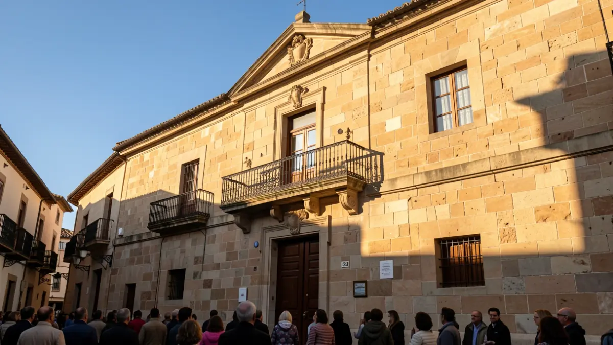 Fachada de un ayuntamiento de piedra con balcón y barandillas de hierro, bajo la luz del sol de la tarde.