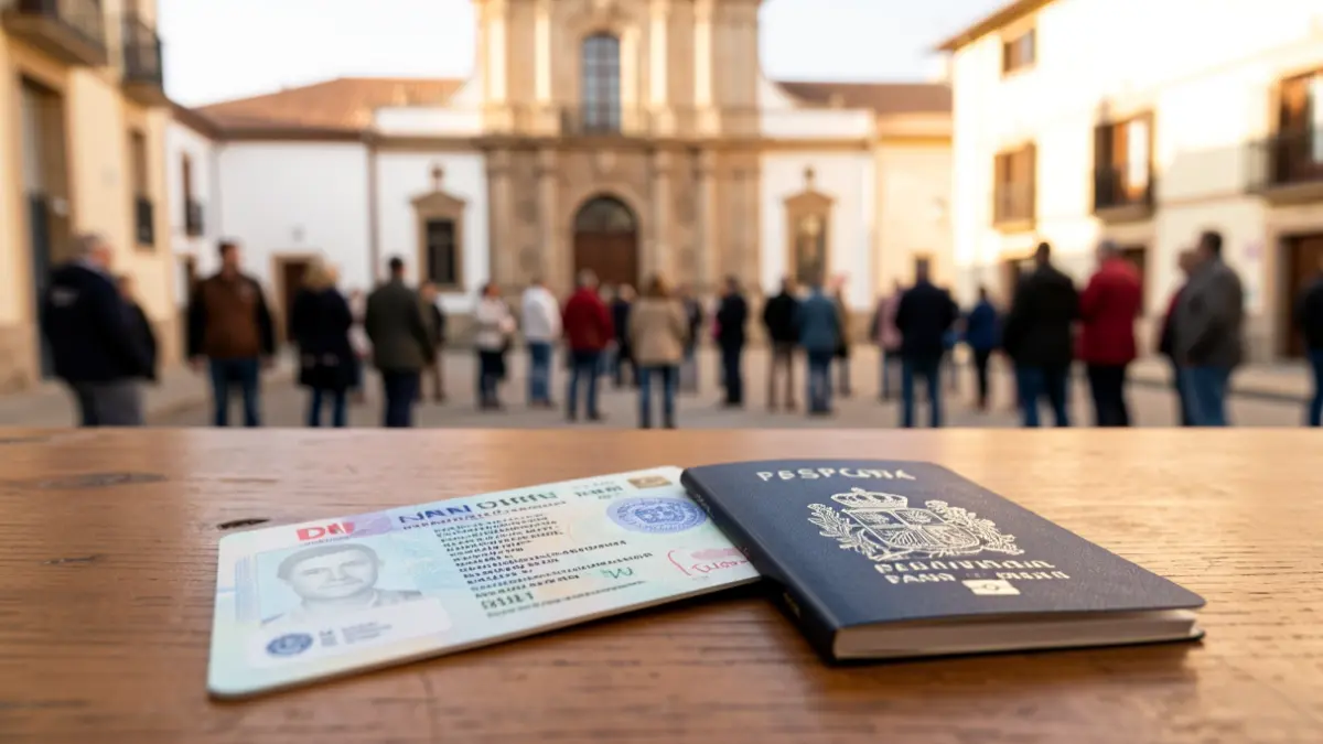Imagen genérica de un DNI y pasaporte españoles sobre un escritorio con el Ayuntamiento de Manzanares el Real al fondo.