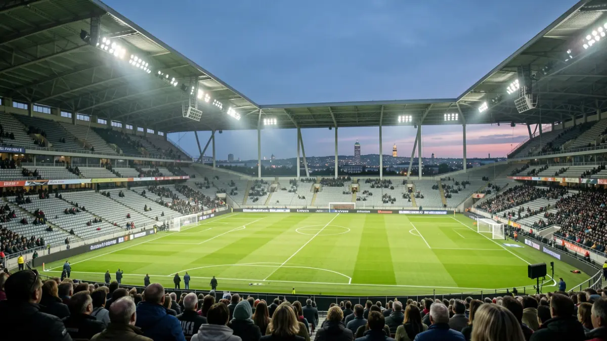 Generic image of a football stadium at dusk, with empty seats and floodlights illuminating the pitch.