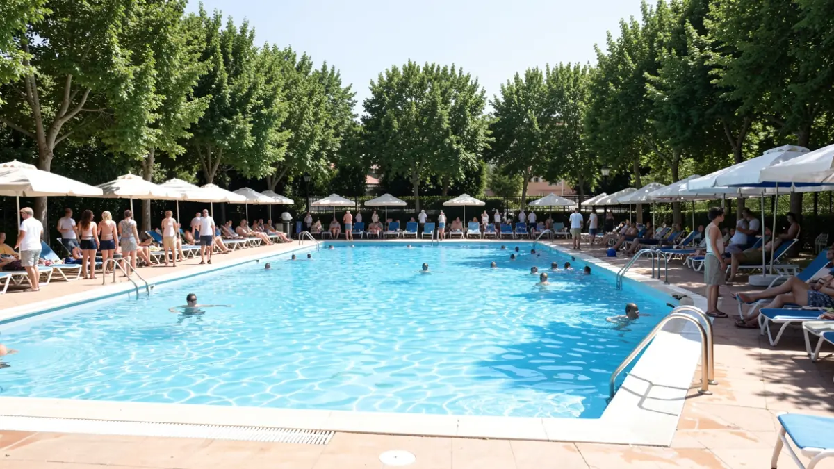 Imagen genérica de una piscina pública en Madrid con agua azul y zonas de sombra.