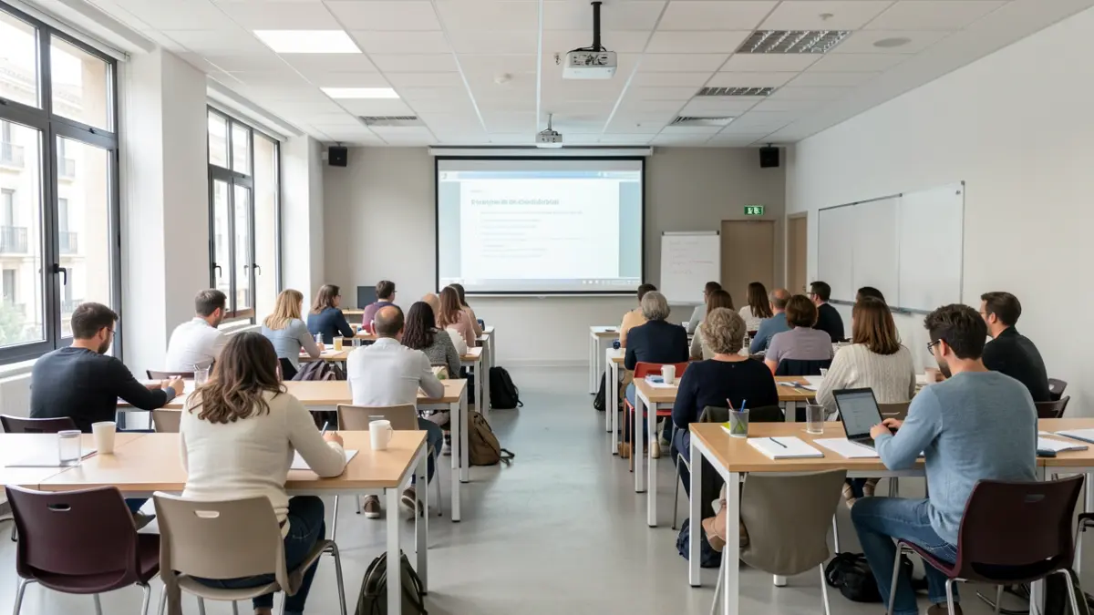 Training room in Madrid with tables arranged for active learning and a presentation screen.