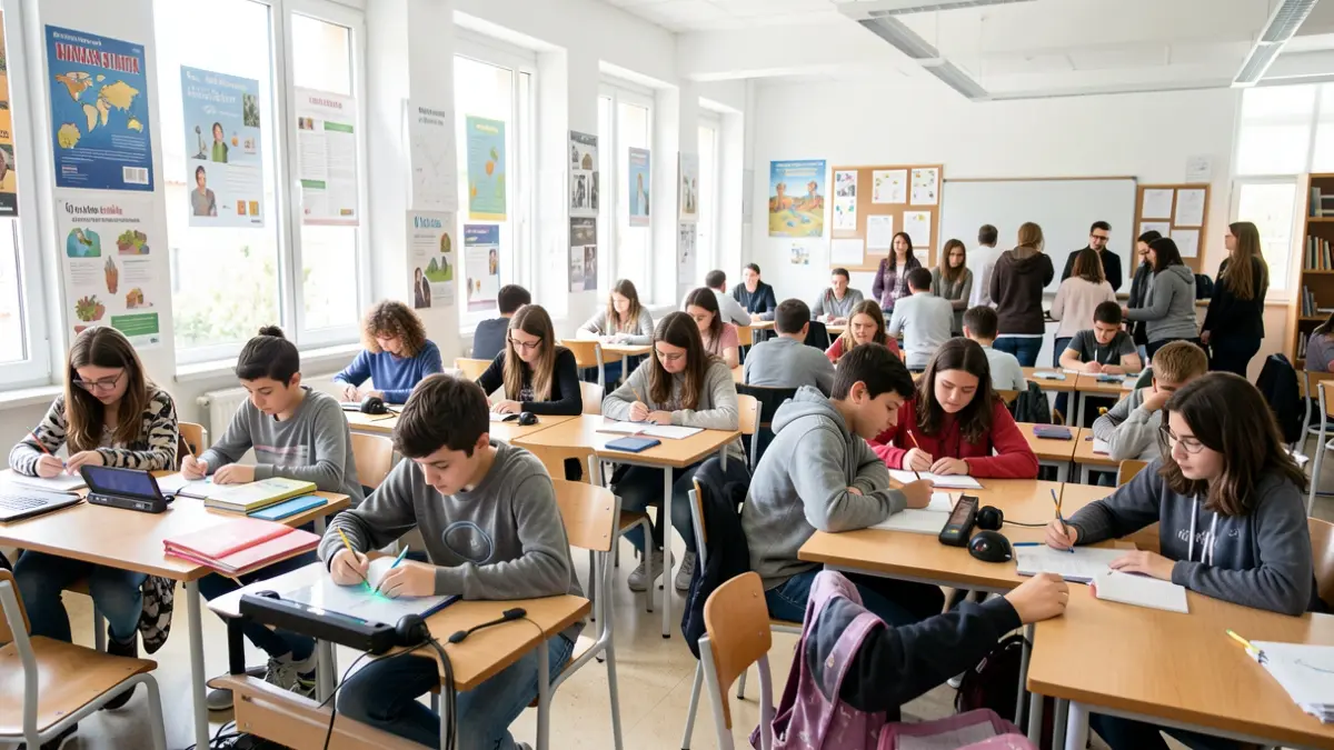 Generic image of a modern classroom in a Community of Madrid school with students participating.