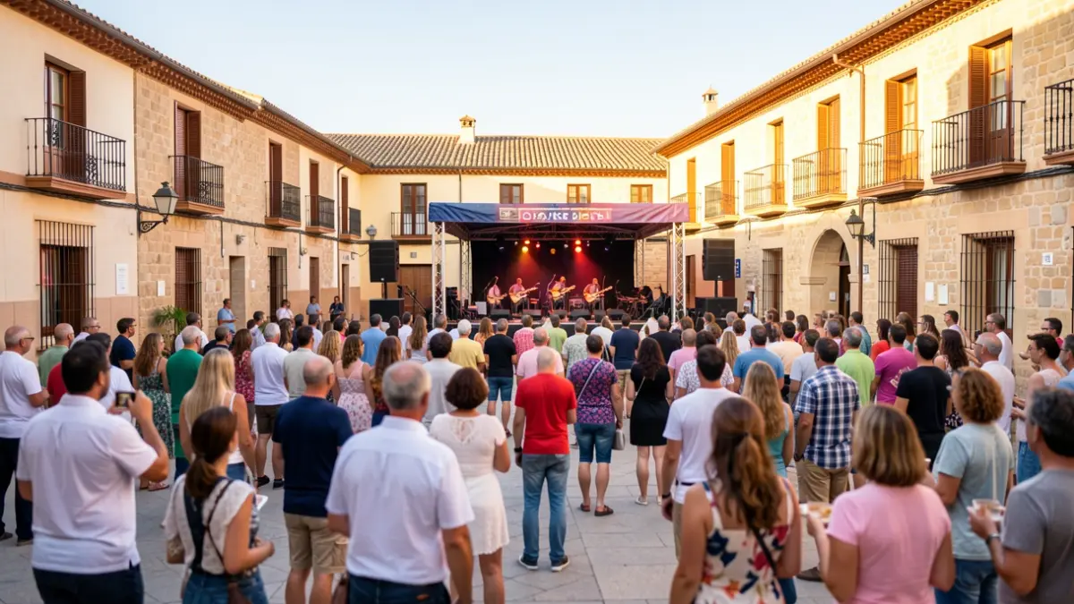 Generic image of a Spanish plaza with an outdoor concert during the day.
