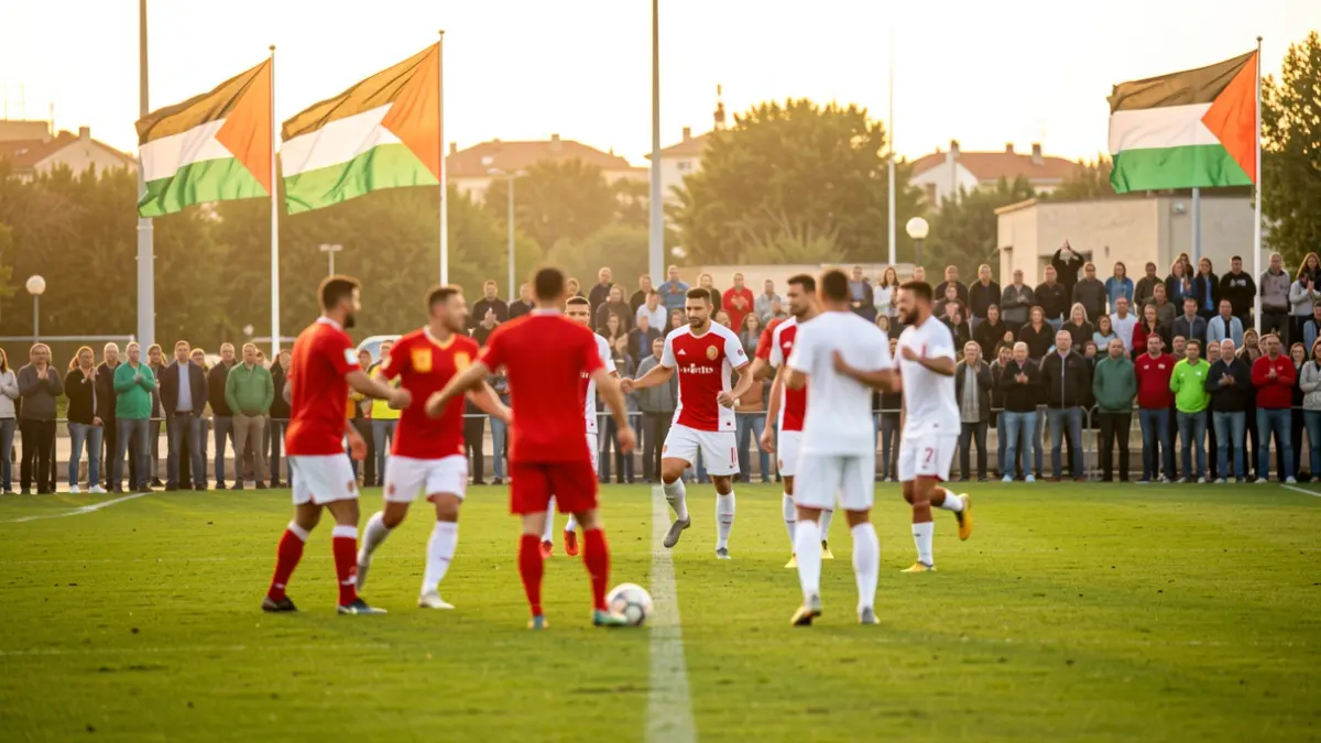 Imagen genérica de un partido de fútbol solidario con banderas palestinas.