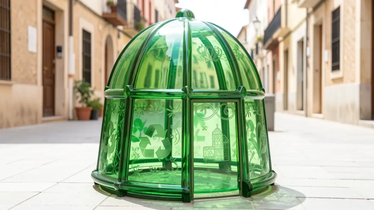 Imagen genérica de un contenedor de reciclaje de vidrio con diseño personalizado.