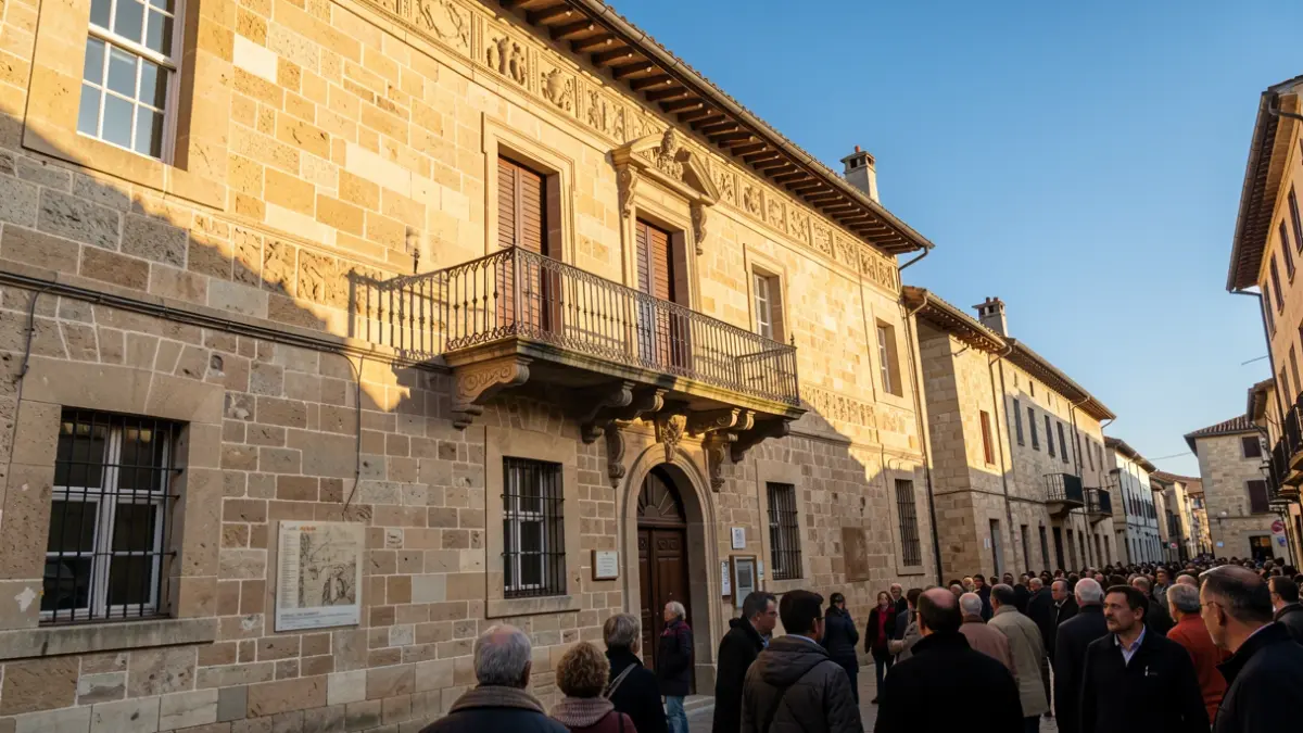 Fachada de un ayuntamiento tradicional de piedra con balcón y barandillas de hierro, bajo la luz del sol de la tarde.