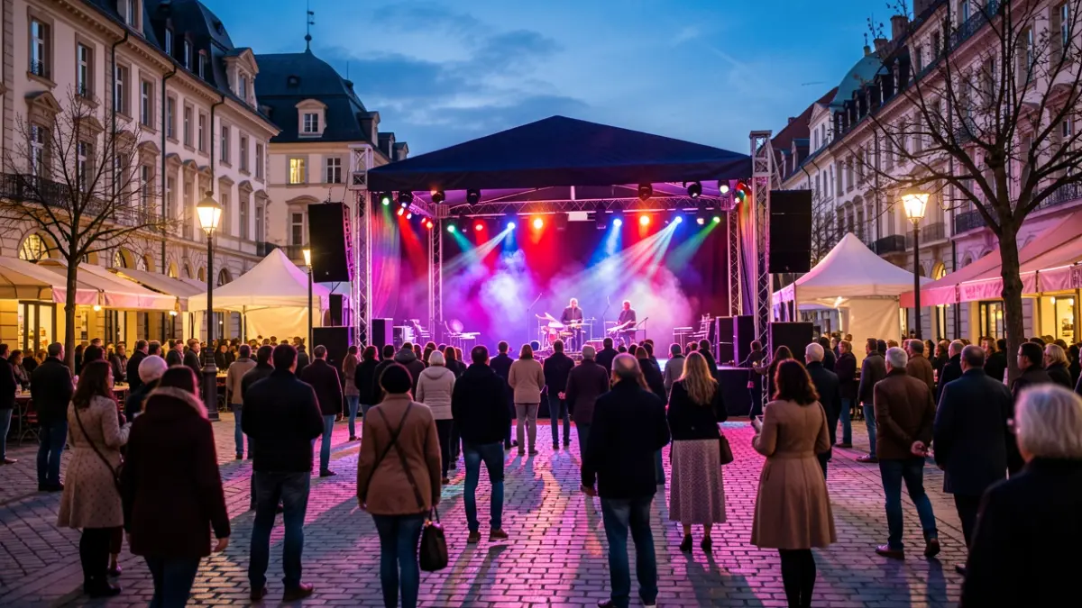 Generic image of an outdoor plaza at dusk with a stage set up for a concert.