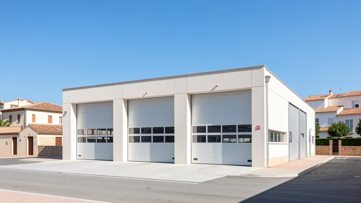 Facade of a modern fire station on the outskirts of a Spanish city.
