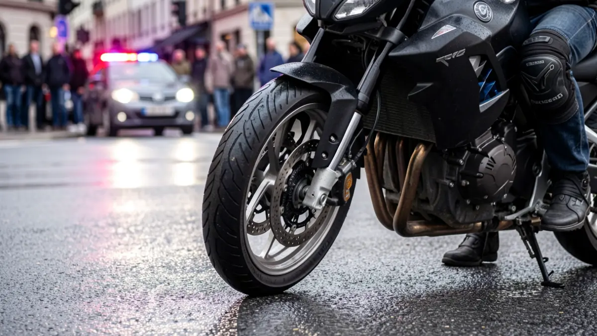 Primer plano de la rueda de una motocicleta y la pierna de un motorista herido en el asfalto, con luces de emergencia borrosas al fondo.