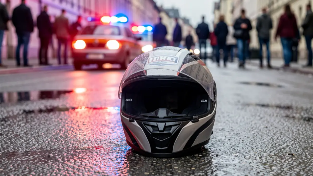 Motorcycle helmet on asphalt with blurred emergency lights in the background.