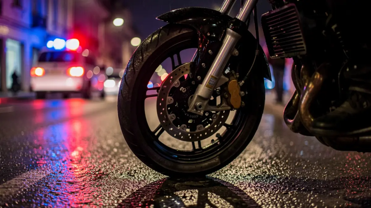 Imagen genérica de luces de emergencia policiales reflejándose en el asfalto mojado por la noche.