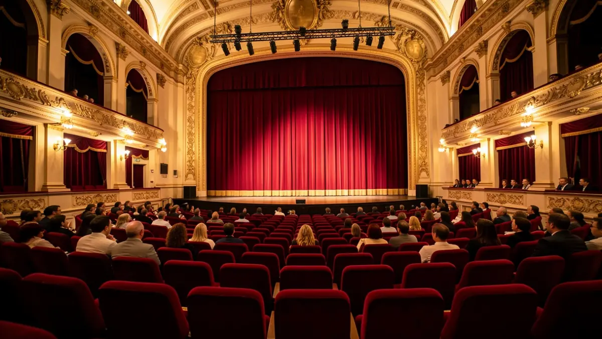 Interior de un teatro clásico español con telón y luces.