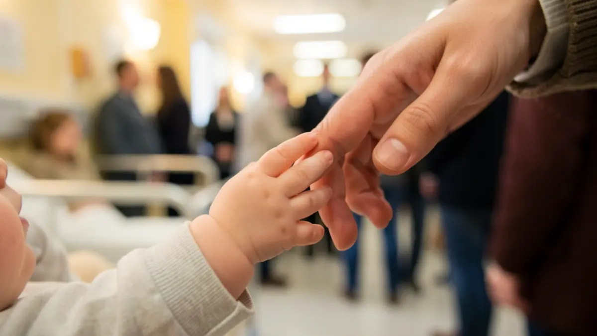 Close-up of a baby's hand holding an adult's finger, with a softly blurred background.