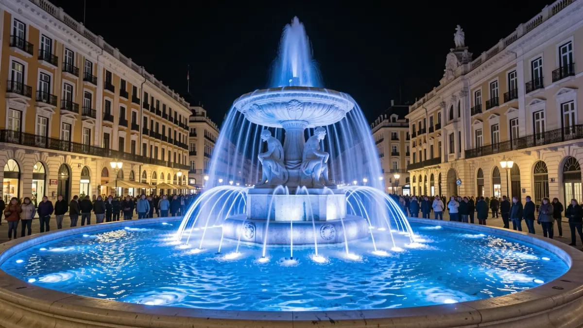 Neptune fountain in Madrid illuminated with the colors of the Uruguayan flag.