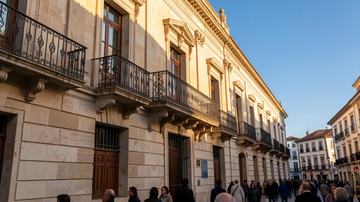 Fachada de un ayuntamiento de la Comunidad de Madrid con balcón y barandillas de hierro, luz de sol de la tarde.