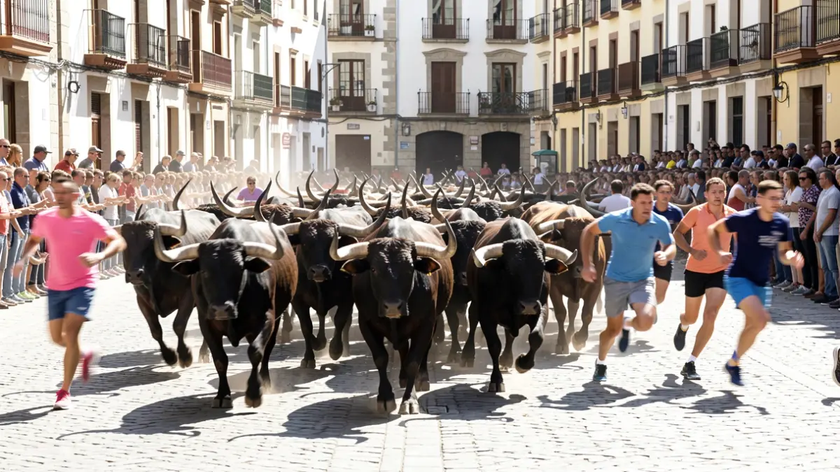 Imagen genérica de un encierro rápido en San Sebastián de los Reyes con corredores y toros.