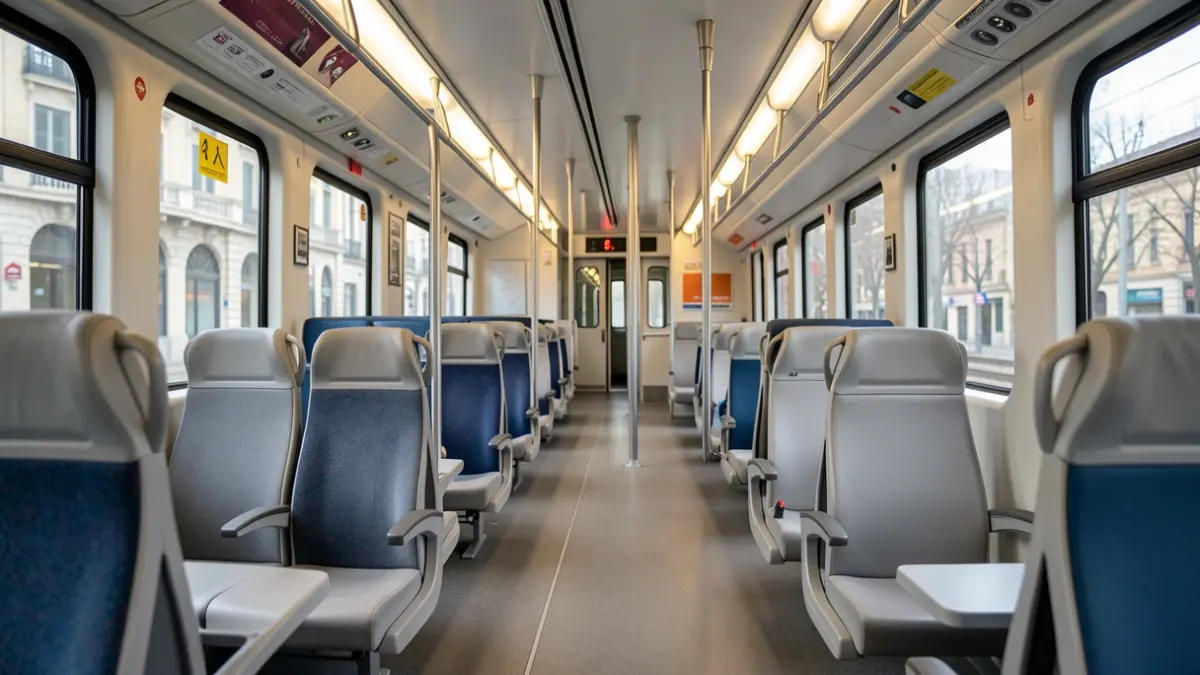 Interior of a modern Madrid Cercanías train with seats, USB ports, and accessible design.