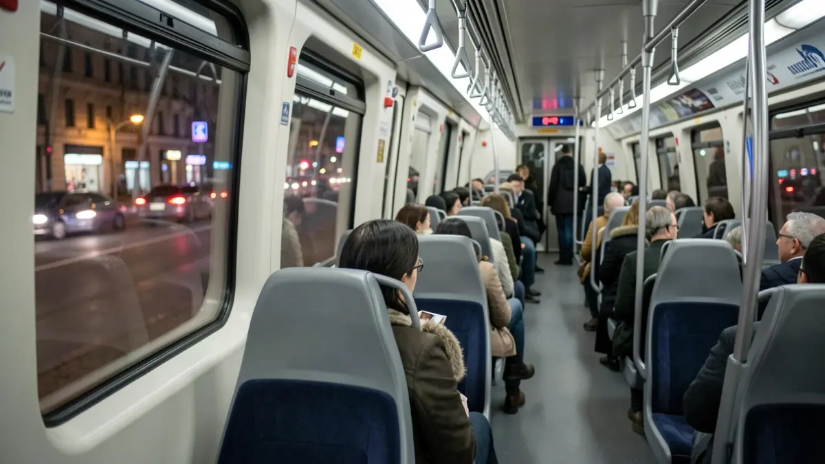 Interior of a modern Madrid Cercanías train with empty seats and blurred city lights outside.