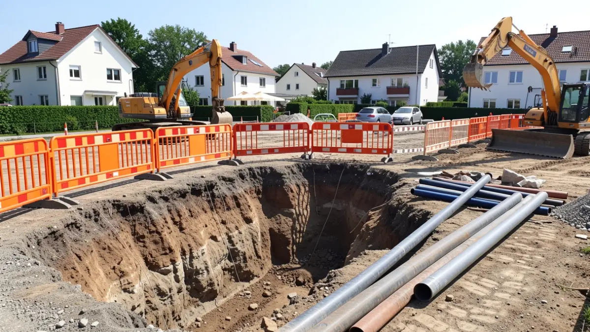 Obras de renovación de la red de distribución de agua en Torrelodones con maquinaria pesada y zanjas.