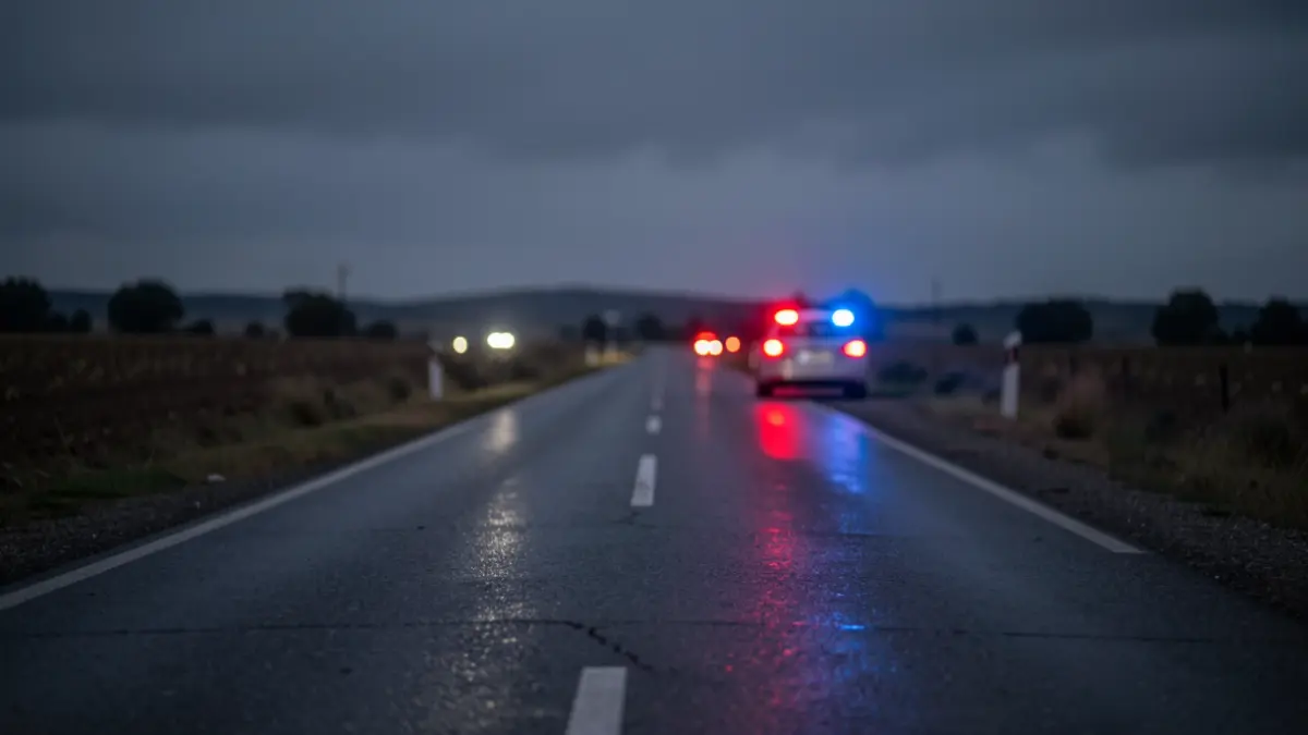 Generic image of a desolate road at dusk with blurred emergency lights.