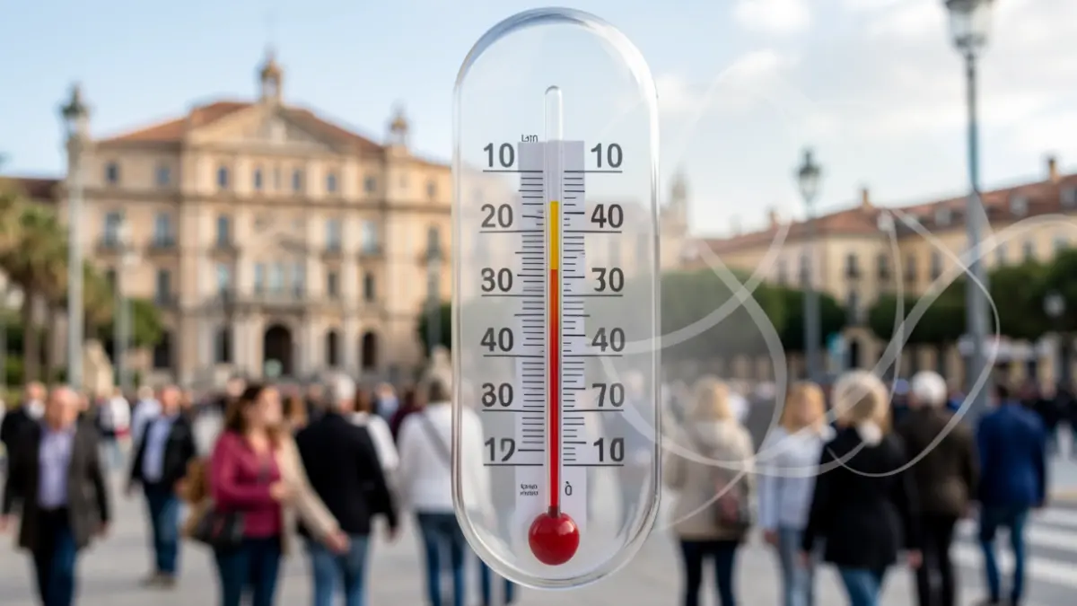 Thermometer showing high temperature with low risk level in the Comunidad de Madrid.