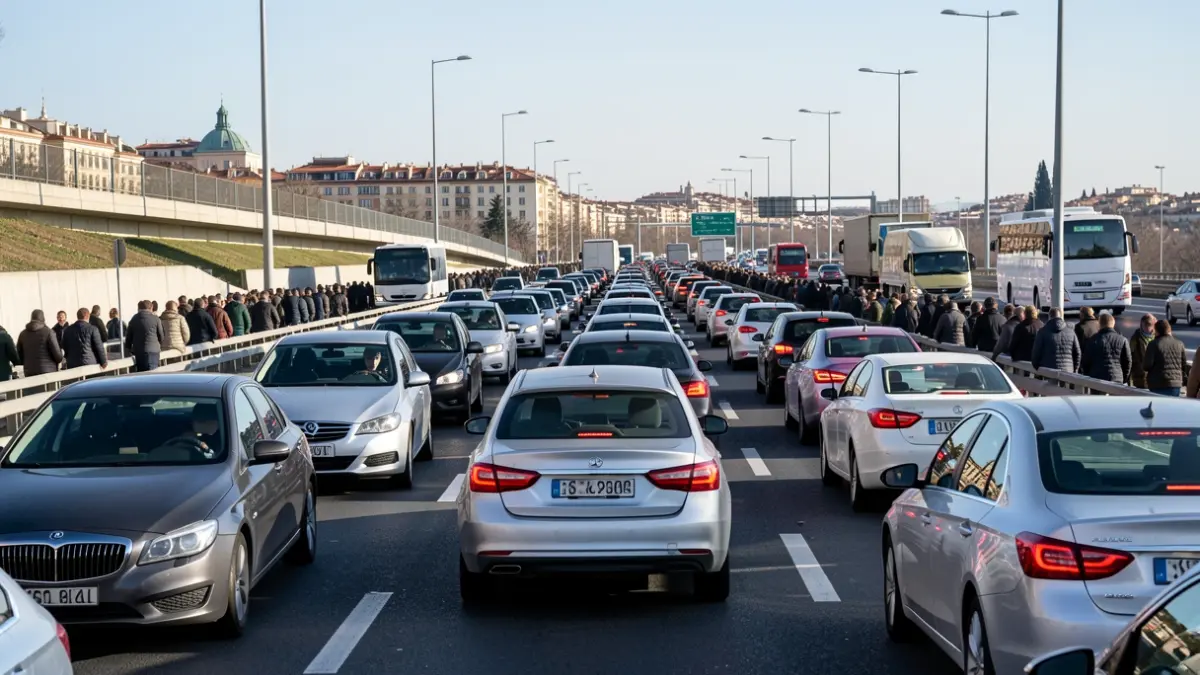 Generic image of highway traffic congestion in Madrid during a holiday departure operation.
