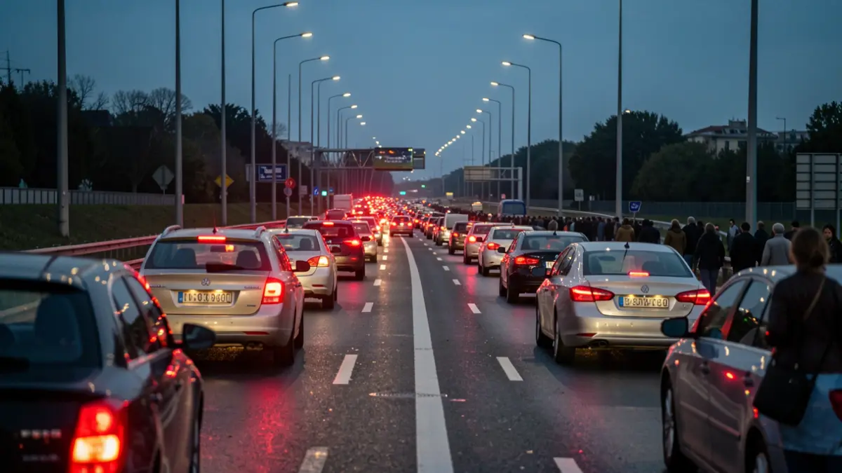 Generic image of heavy traffic on a highway in the Community of Madrid at dusk.