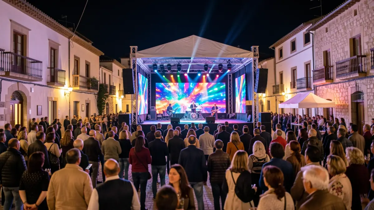 Night festival stage with LED screens and blurred audience.