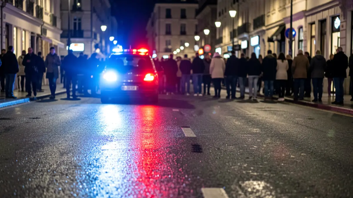 Generic image of police emergency lights reflecting on wet asphalt.