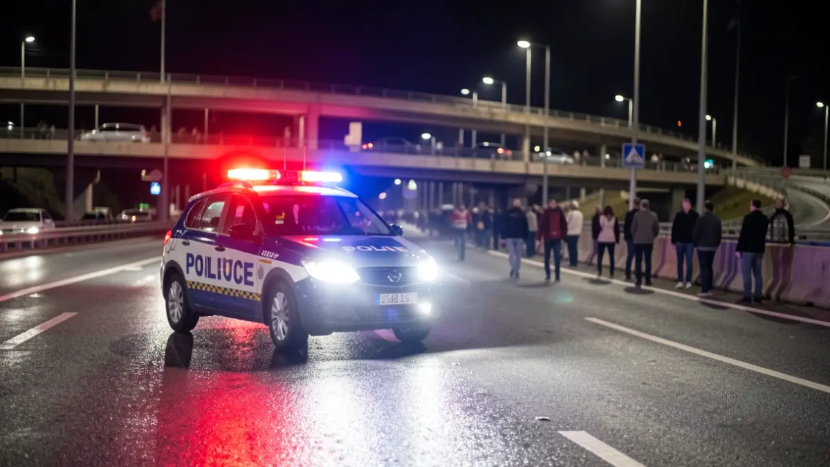 Red and blue police emergency lights reflecting on wet asphalt on a Madrid highway during a pursuit.