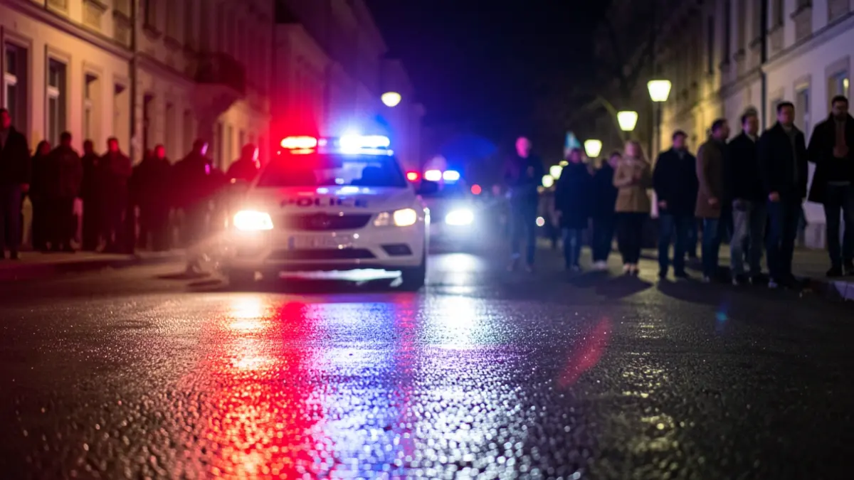 Imagen genérica de luces policiales rojas y azules reflejándose en asfalto mojado por la noche.