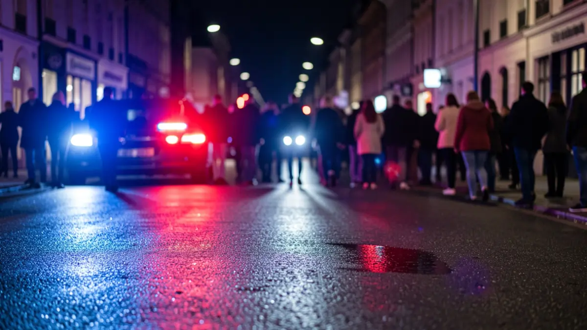 Imagen genérica de luces de emergencia policiales reflejando en asfalto mojado por la noche.